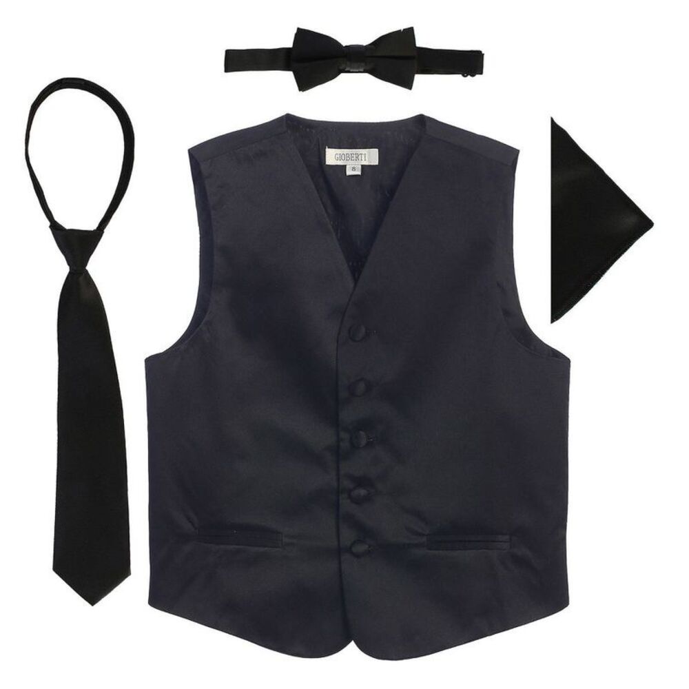 GIOBERTI -  Boy's 4pc Satin Formal Vest Set, Black, 6-7